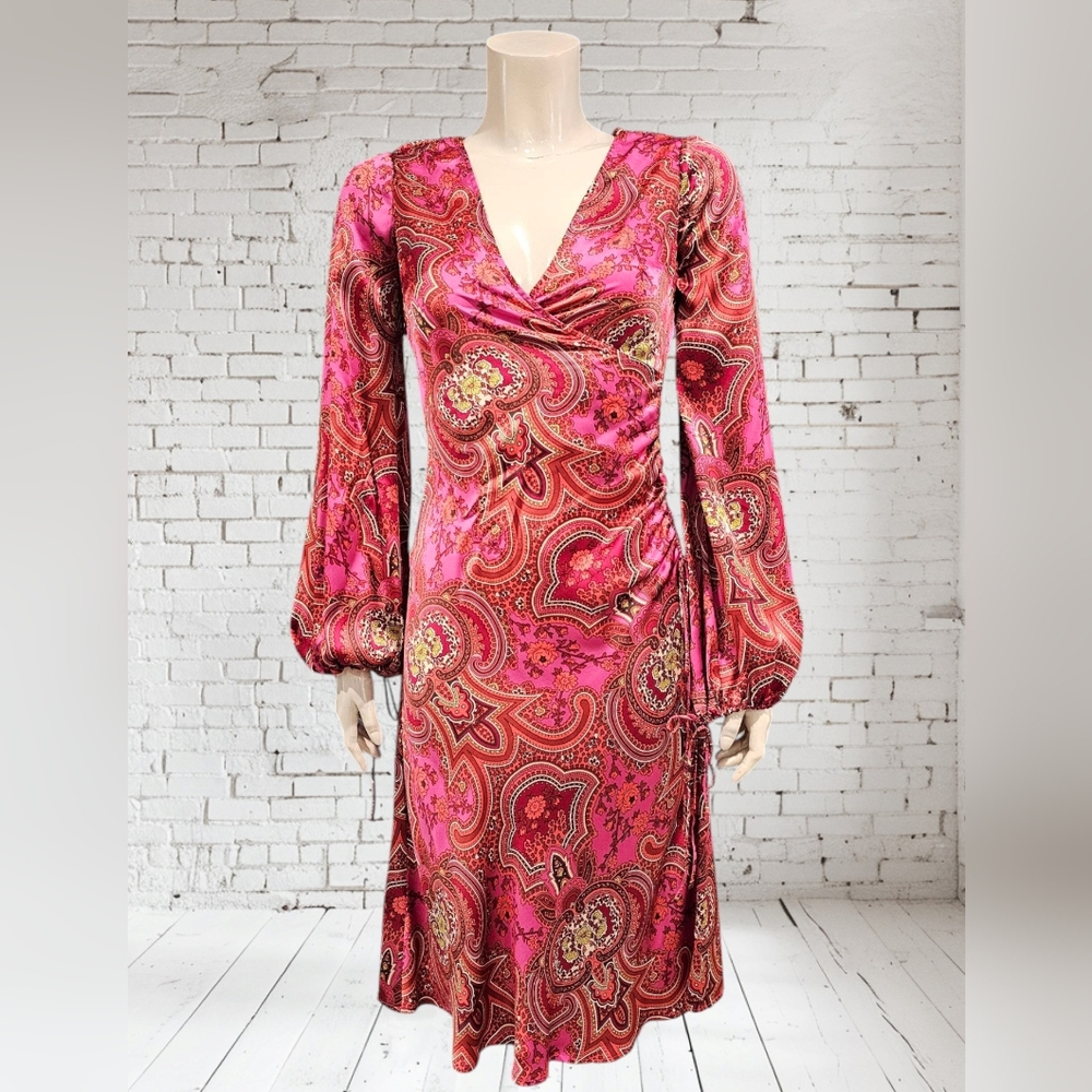 CORSAGE 100% Silk Pink Paisley Floral Ruched Sheath Midi Dress Size 2
